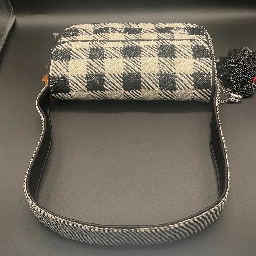 VIRAL Black and White Checkered Beaded Bag w/Swan Charm Handmade in India NWT